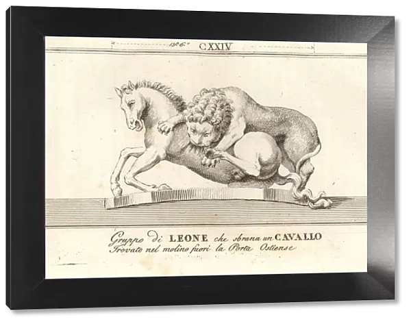 Sculpture of a lion attacking a horse