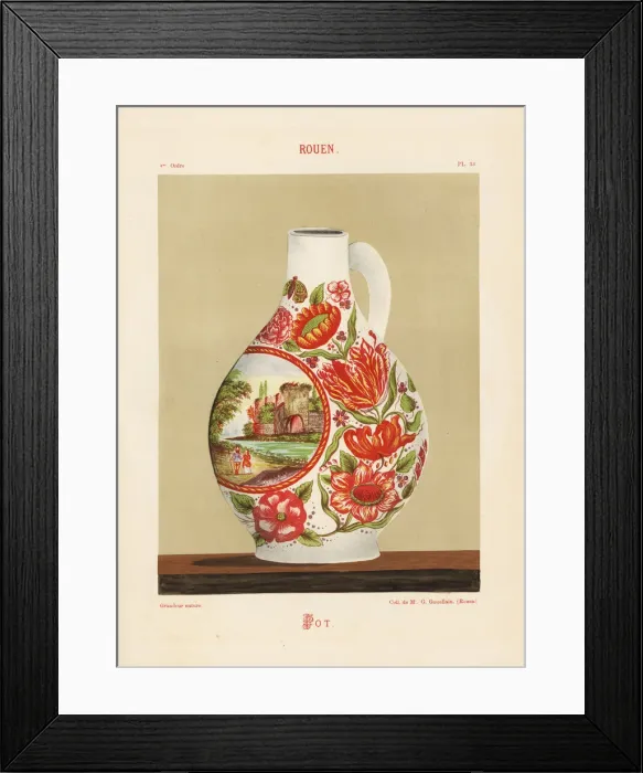 Framed Print : Decorative pot from Rouen with landscape vignette Framed Print : Decorative pot from Rouen with landscape vignette
