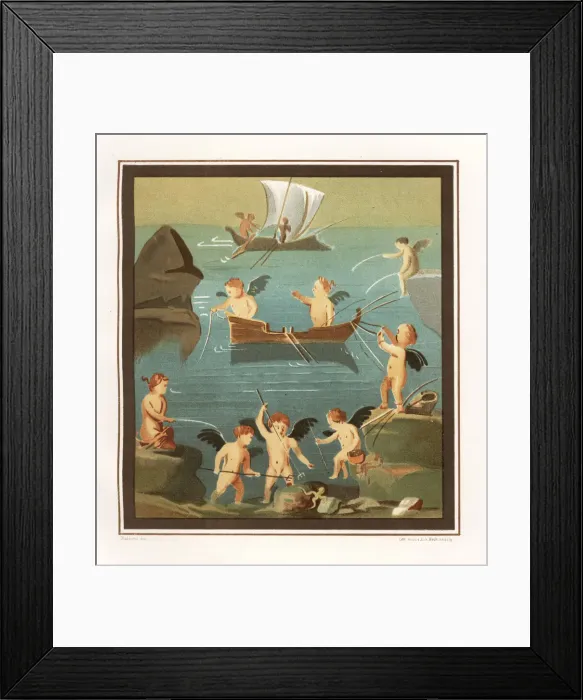 Framed Print : Wall painting of cupids playing, fishing Framed Print : Wall painting of cupids playing, fishing