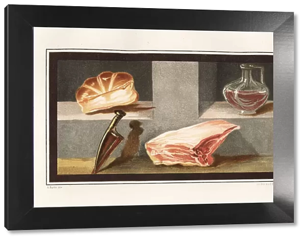 Painting of a still life showing meat, wine