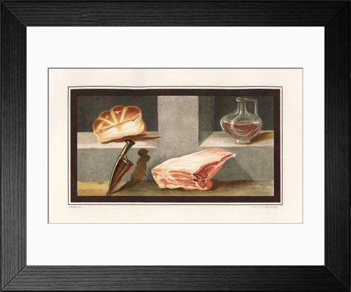Framed Print : Painting of a still life showing meat, wine Framed Print : Painting of a still life showing meat, wine
