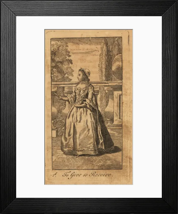 Framed Print : Young lady giving or receiving a fan in a park, 18th century Framed Print : Young lady giving or receiving a fan in a park, 18th century