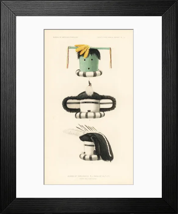 Framed Print : Masks of Ya mukakto (a) and Hu tutu (b, c), Zuni Nation Framed Print : Masks of Ya mukakto (a) and Hu tutu (b, c), Zuni Nation