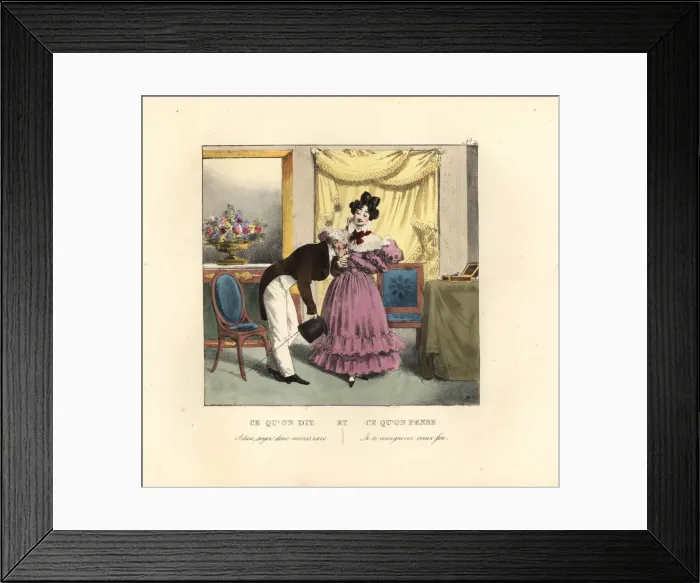 Framed Print : Lady in a parlor being kissed goodbye by an old man Framed Print : Lady in a parlor being kissed goodbye by an old man