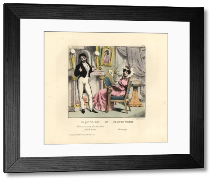 Framed Print : Gentleman flattering an older woman in a parlour Framed Print : Gentleman flattering an older woman in a parlour