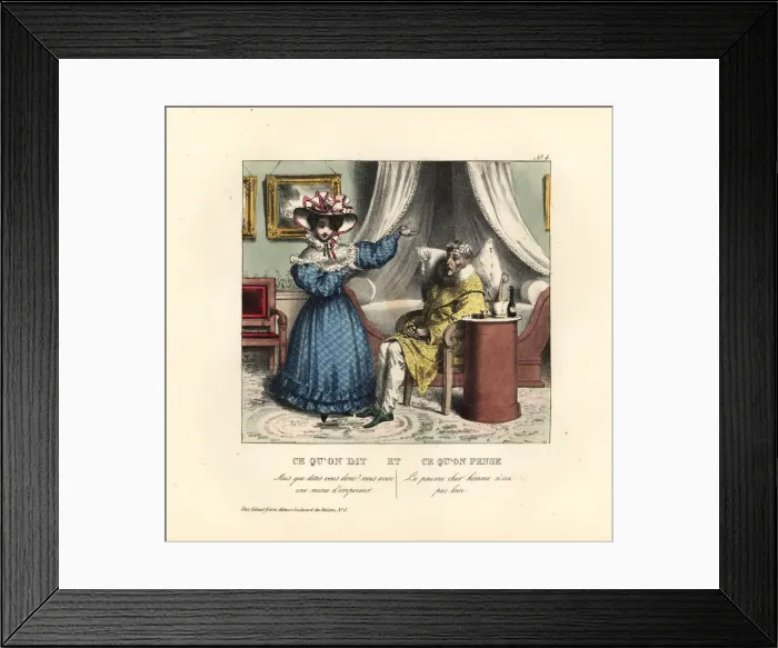 Framed Print : Young woman flattering a sick old man in a bedroom Framed Print : Young woman flattering a sick old man in a bedroom