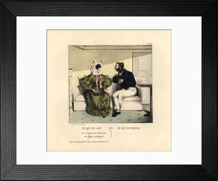 Framed Print : Woman seated on a sofa flattering an ugly man Framed Print : Woman seated on a sofa flattering an ugly man