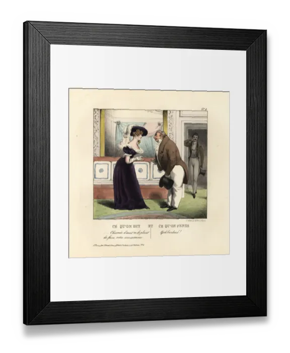 Framed Print : Woman meeting a portly dandy in a parlour Framed Print : Woman meeting a portly dandy in a parlour