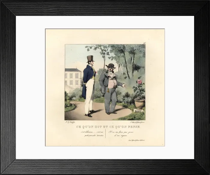 Framed Print : Gentlemen in a French garden admiring a rose, 19th century Framed Print : Gentlemen in a French garden admiring a rose, 19th century