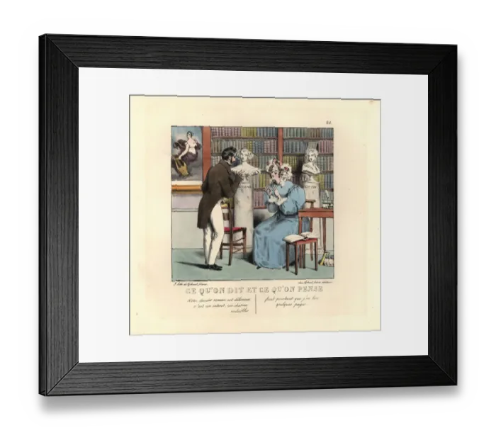 Framed Print : Bookish woman in a library talking to an author Framed Print : Bookish woman in a library talking to an author