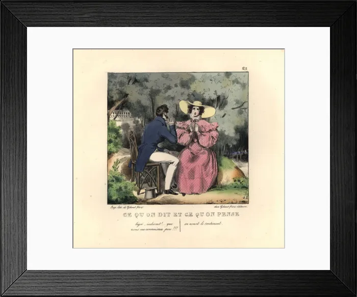 Framed Print : Gentleman and lady on a date in a garden, 19th century Framed Print : Gentleman and lady on a date in a garden, 19th century