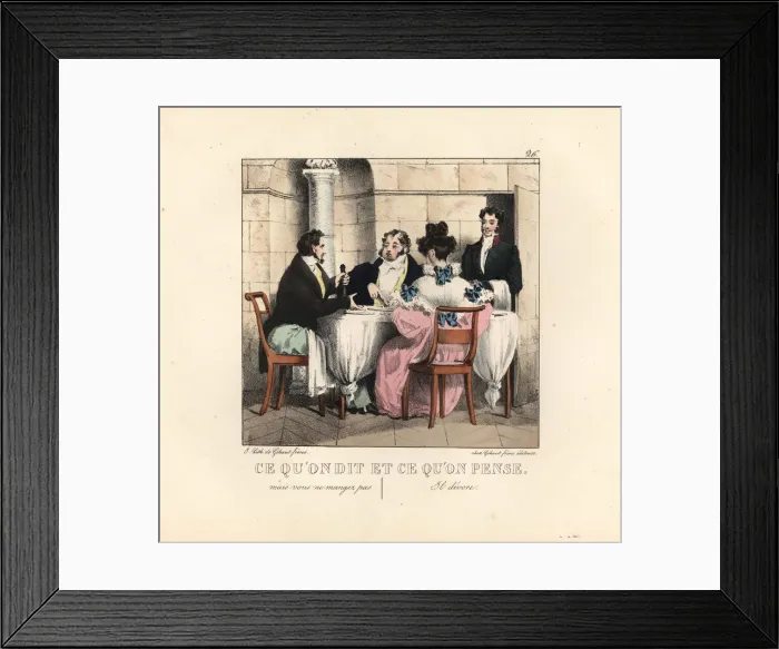 Framed Print : Man and woman in a restaurant with a glutton, 19th century Framed Print : Man and woman in a restaurant with a glutton, 19th century