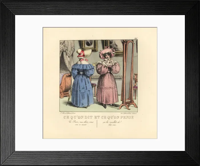 Framed Print : Two ladies dressing before a mirror in a parlor Framed Print : Two ladies dressing before a mirror in a parlor
