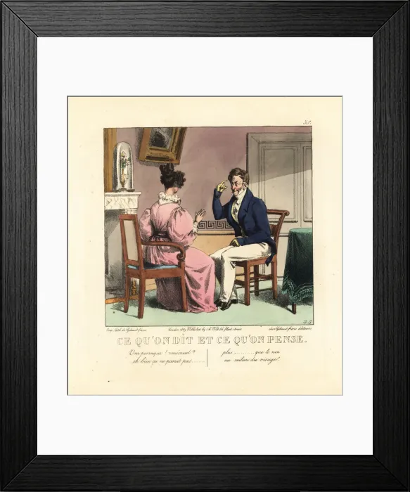 Framed Print : Lady and gentleman wearing a wig in a parlor, 19th century Framed Print : Lady and gentleman wearing a wig in a parlor, 19th century