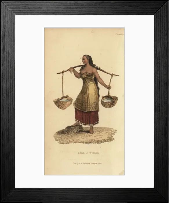 Framed Print : Girl of Timor in sarong carrying water with a yoke Framed Print : Girl of Timor in sarong carrying water with a yoke