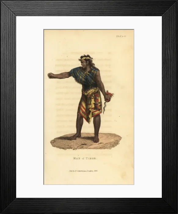 Framed Print : Man of Timor in cotton shawl and skirt, holding Framed Print : Man of Timor in cotton shawl and skirt, holding