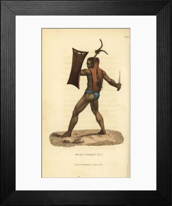 Framed Print : Warrior of Ombai with armour, shield and kris Framed Print : Warrior of Ombai with armour, shield and kris