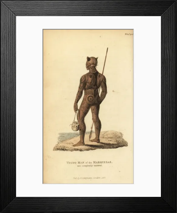 Framed Print : Native man of Nuku Hiva with spear and skull Framed Print : Native man of Nuku Hiva with spear and skull
