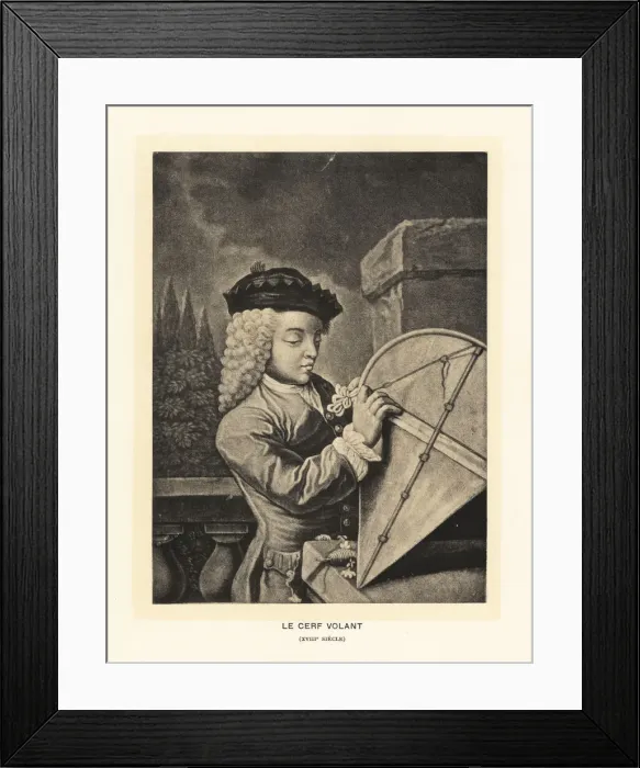 Framed Print : Boy adjusting the string to a kite, 18th century Framed Print : Boy adjusting the string to a kite, 18th century