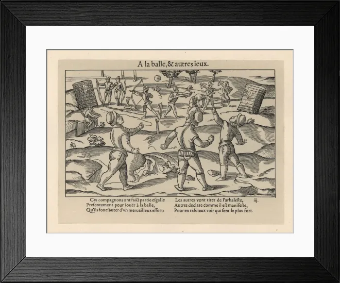 Framed Print : Medieval men playing ball games and archery in a park Framed Print : Medieval men playing ball games and archery in a park