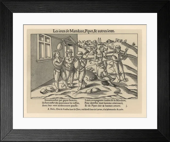 Framed Print : Medieval men inflating pig bladders, playing Framed Print : Medieval men inflating pig bladders, playing