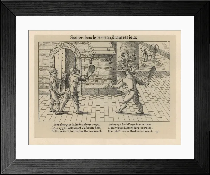 Framed Print : Medieval men playing wall tennis, checkers and hoops Framed Print : Medieval men playing wall tennis, checkers and hoops