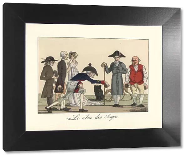 Five old men play a game of boules or bowls, circa 1800