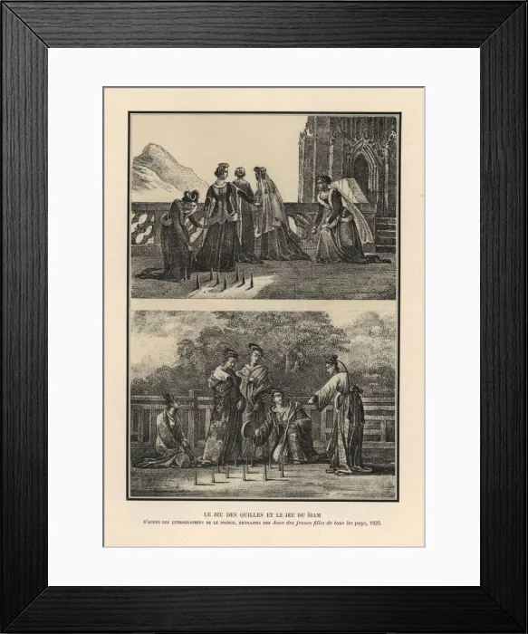 Framed Print : Medieval Europeans and Siamese women playing skittles Framed Print : Medieval Europeans and Siamese women playing skittles