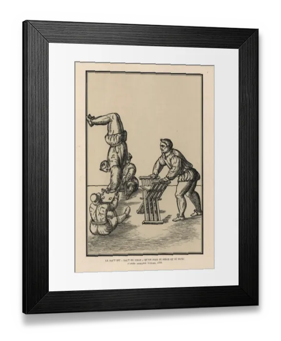 Framed Print : Acrobat performing somersaults on a chair and bench Framed Print : Acrobat performing somersaults on a chair and bench