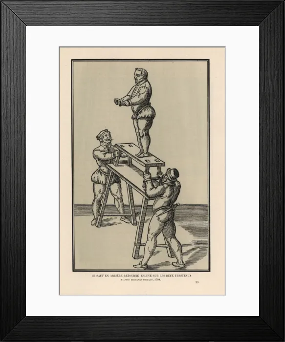 Framed Print : Acrobat performing a backward somersault on two trestles Framed Print : Acrobat performing a backward somersault on two trestles