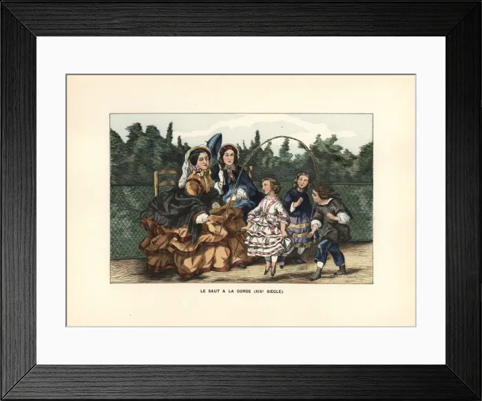 Framed Print : Girls skipping rope in a garden, 19th century Framed Print : Girls skipping rope in a garden, 19th century