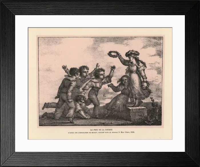 Framed Print : Boys racing to grab a victory wreath from a young girl Framed Print : Boys racing to grab a victory wreath from a young girl