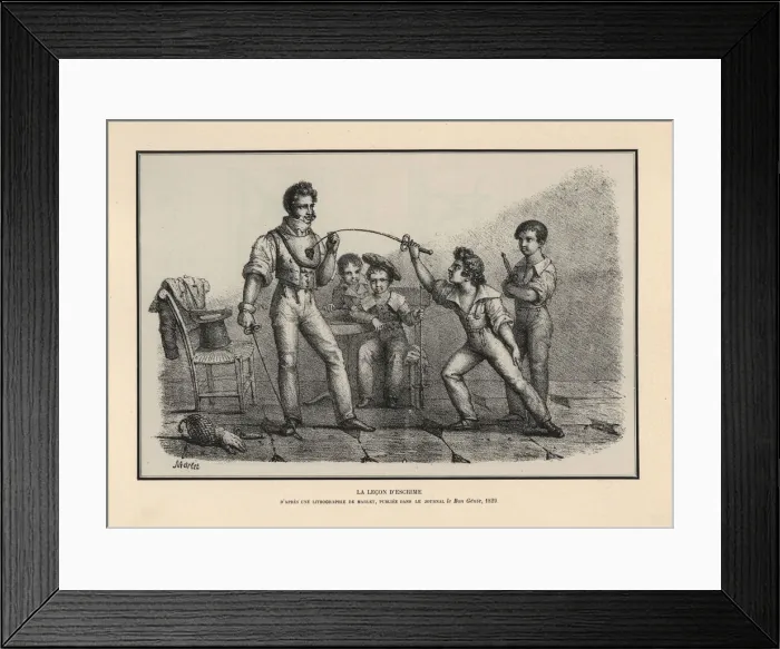 Framed Print : Boys learning to fence with a fencing master in breastplate Framed Print : Boys learning to fence with a fencing master in breastplate