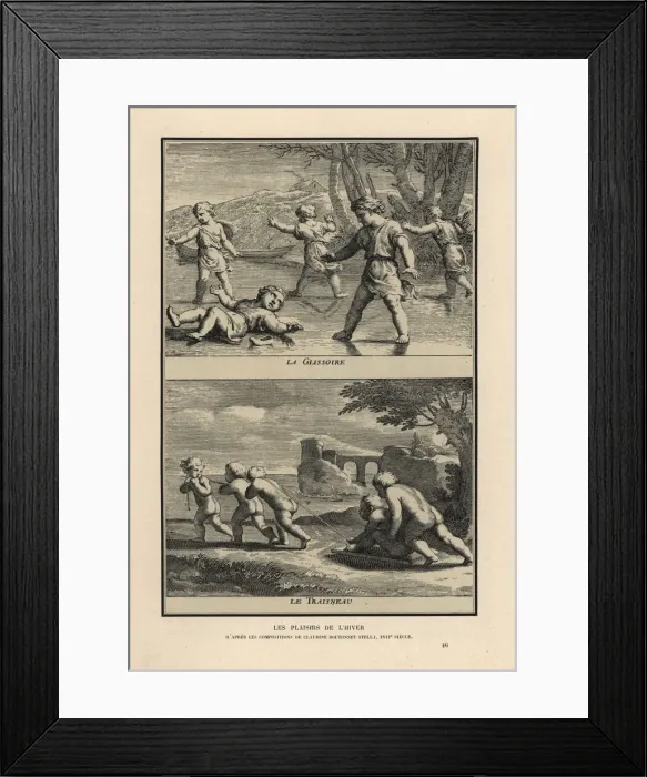 Framed Print : Boys sliding on ice (glissoire) and sledding Framed Print : Boys sliding on ice (glissoire) and sledding