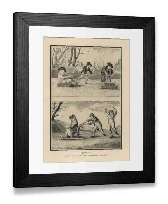 Framed Print : Children sledding and skating on ice (traineaux) Framed Print : Children sledding and skating on ice (traineaux)