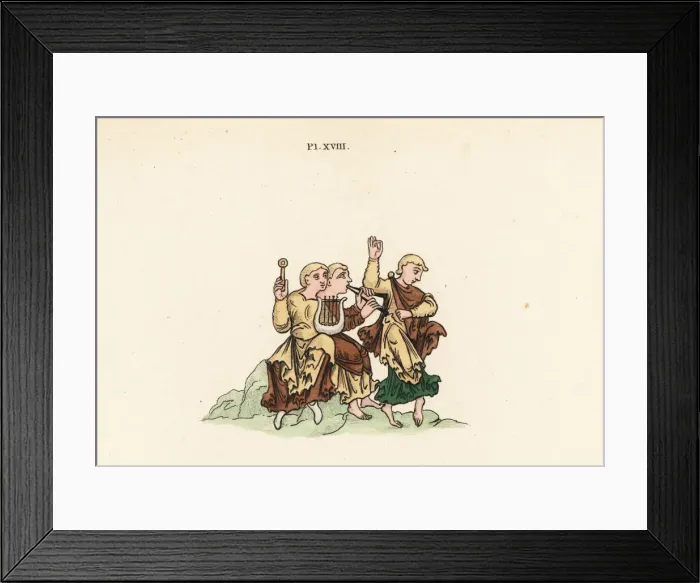 Framed Print : Gleemen dancing to lyre and pipe music, 9th century Framed Print : Gleemen dancing to lyre and pipe music, 9th century