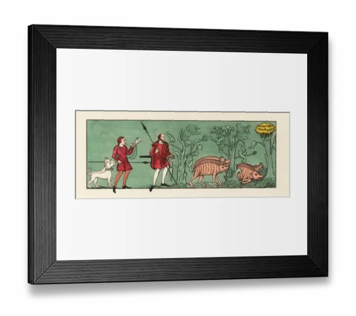 Framed Print : Men swine hunting with spears and horn, 9th century Framed Print : Men swine hunting with spears and horn, 9th century