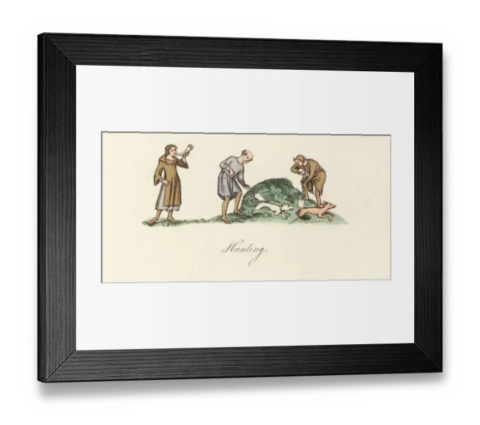 Framed Print : Men unearthing a fox with dogs, horn and shovels Framed Print : Men unearthing a fox with dogs, horn and shovels