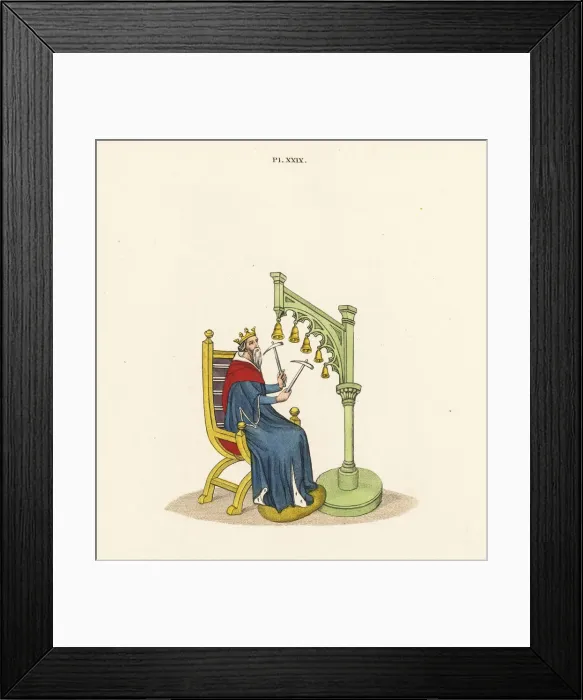 Framed Print : King David playing handbells from a 14th century manuscript Framed Print : King David playing handbells from a 14th century manuscript