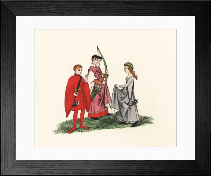 Framed Print : Women in hunting dresses, with bow and hunting Framed Print : Women in hunting dresses, with bow and hunting