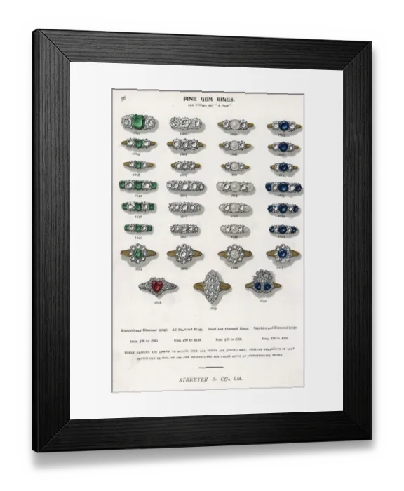 Framed Print : Fine gem rings in emerald, diamond, pearl and sapphire Framed Print : Fine gem rings in emerald, diamond, pearl and sapphire