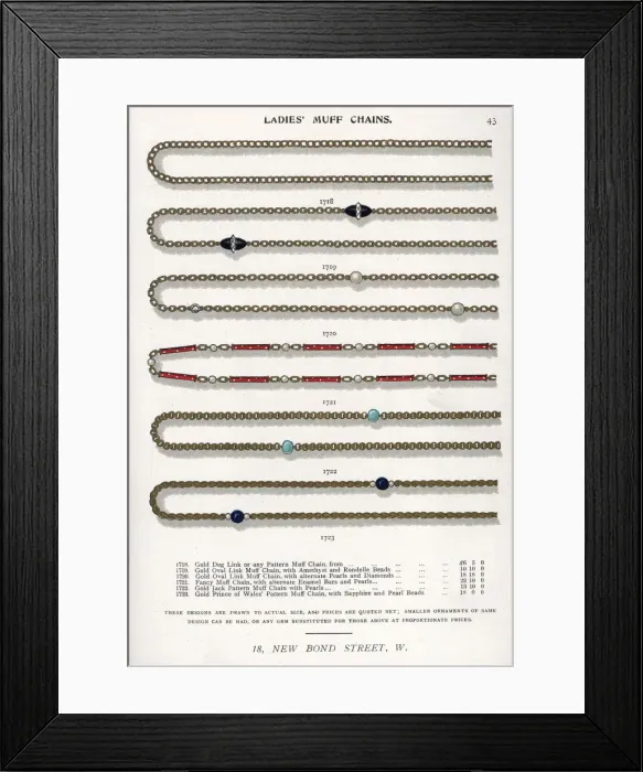 Framed Print : Gold muff chains with amethyst beads, enamel bars, etc Framed Print : Gold muff chains with amethyst beads, enamel bars, etc