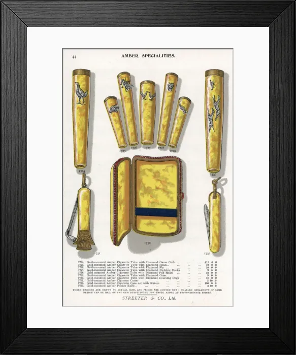 Framed Print : Gold mounted amber jewelry including cigarette Framed Print : Gold mounted amber jewelry including cigarette