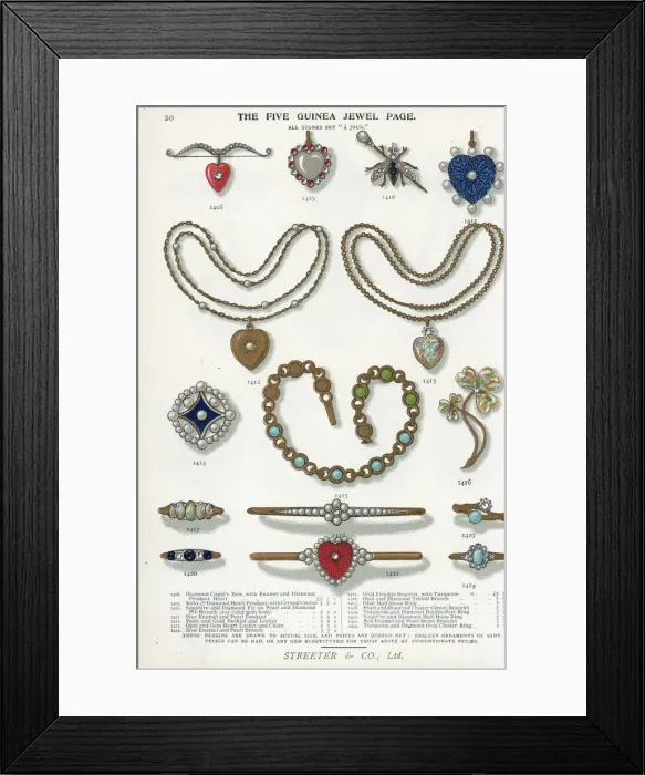 Framed Print : Five guinea jewels: brooch, pendant, locket and chain Framed Print : Five guinea jewels: brooch, pendant, locket and chain