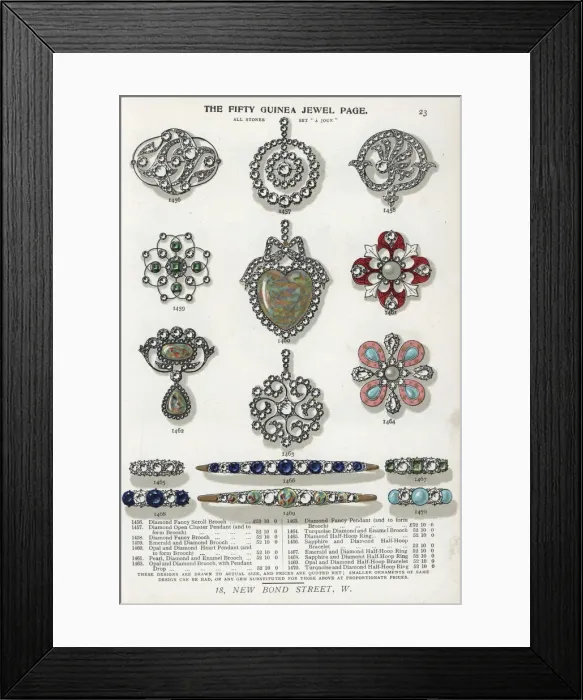 Framed Print : Fifty guinea jewels: brooch, pendant, ring and bracelet Framed Print : Fifty guinea jewels: brooch, pendant, ring and bracelet