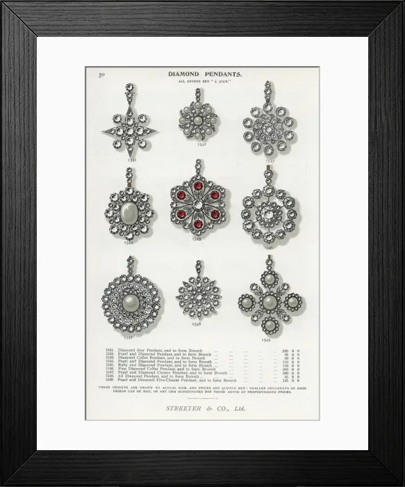 Framed Print : Diamond pendants and brooches with pearl and ruby Framed Print : Diamond pendants and brooches with pearl and ruby