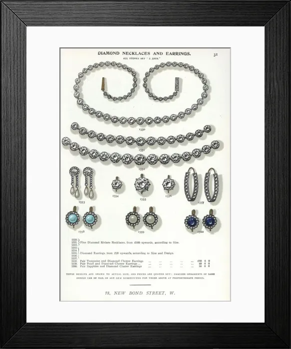 Framed Print : Diamond necklaces and earrings, circa 1895 Framed Print : Diamond necklaces and earrings, circa 1895