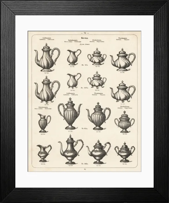Framed Print : Coffee pot, cream jug, tea pot, sugar basin, etc Framed Print : Coffee pot, cream jug, tea pot, sugar basin, etc