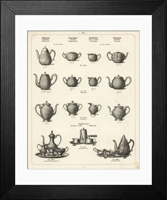 Framed Print : Coffee pot, cream jug, tea pot, sugar basin, etc Framed Print : Coffee pot, cream jug, tea pot, sugar basin, etc