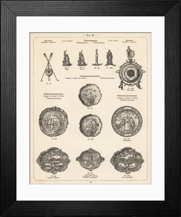 Framed Print : Thermometer, barometer and engraved visiting card tray Framed Print : Thermometer, barometer and engraved visiting card tray